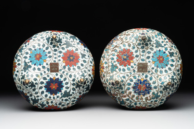A pair of Chinese cloisonn&eacute; 'lotus scroll' tripod censers, Fang Ming 仿明 mark, Qing