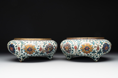 A pair of Chinese cloisonn&eacute; 'lotus scroll' tripod censers, Fang Ming 仿明 mark, Qing