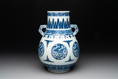 A Chinese blue and white 'hu' vase with phoenixes, Qianlong