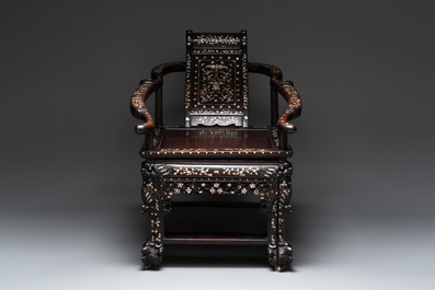 A Chinese mother-of-pearl-inlaid hongmu reclining armchair and retractable footrest, Canton, 19th C.