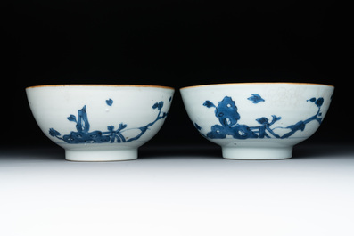 Six Chinese blue and white shipwreck bowls and three covered boxes from the Hatcher and Nanking cargo, Transitional period and Qianlong