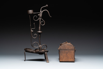 A wrought iron candle holder and a casket, possibly France and Nuremberg, 16/18th C.