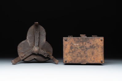 A wrought iron candle holder and a casket, possibly France and Nuremberg, 16/18th C.