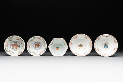 Five Chinese famille verte cups and six saucers, Kangxi