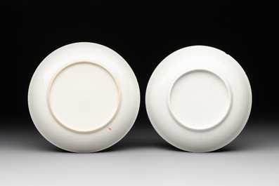 Two Chinese famille rose teapots, four cups and two saucers, Qianlong