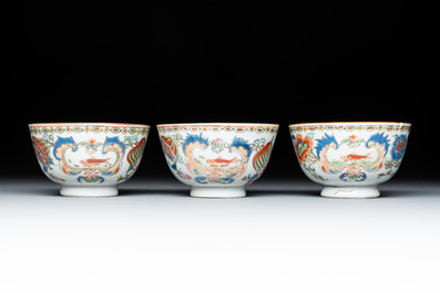 Three Chinese famille rose 'Madame de Pompadour' cups and saucers, Qianlong, ca. 1745