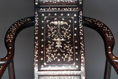 A Chinese mother-of-pearl-inlaid hongmu reclining armchair and retractable footrest, Canton, 19th C.