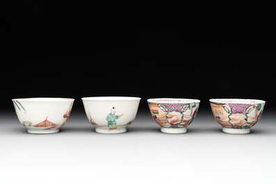 Two Chinese famille rose teapots, four cups and two saucers, Qianlong