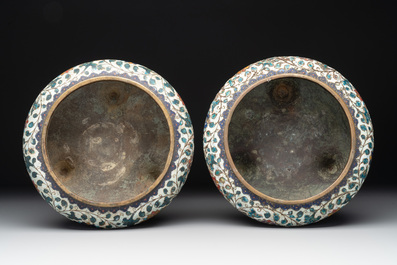 A pair of Chinese cloisonn&eacute; 'lotus scroll' tripod censers, Fang Ming 仿明 mark, Qing