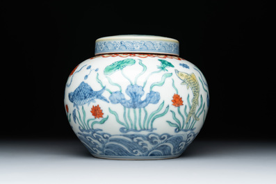 A Chinese doucai 'lotus pond with carps' jar and cover, tian 天 mark, 19/20th C.