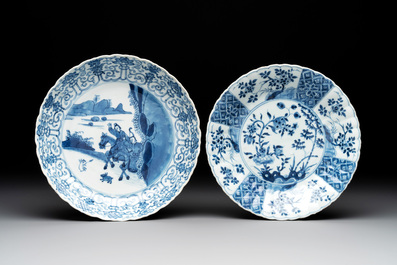 Seven Chinese famille verte, iron-red, blue and white plates, Kangxi