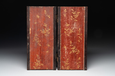 Six Chinese bone-inlaid lacquered wooden furniture panels with hunting scenes, 18/19th C.