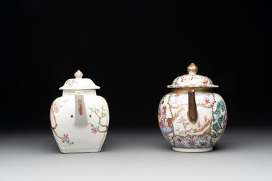 Two Chinese famille rose teapots, four cups and two saucers, Qianlong
