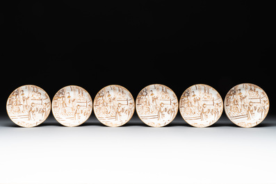 A 28-piece Chinese gilt-decorated sepia 'mandarin subject' service, Jiaqing