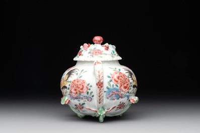 A Chinese famille rose 'rooster' teapot with applied floral design and a cup, Yongzheng/Qianlong