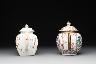 Two Chinese famille rose teapots, four cups and two saucers, Qianlong