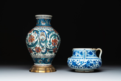 A blue and white Persian Qajar ewer and a bronze-mounted Iznik-style vase, Samson, Paris, 19th C.
