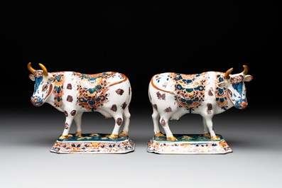 A pair of polychrome Dutch Delft cows, 18th C.
