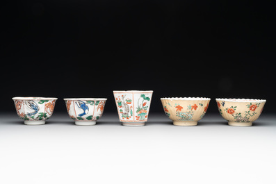 Five Chinese famille verte cups and six saucers, Kangxi