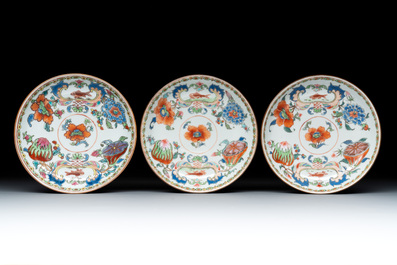 Three Chinese famille rose 'Madame de Pompadour' cups and saucers, Qianlong, ca. 1745