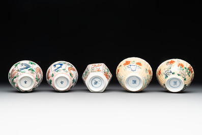 Five Chinese famille verte cups and six saucers, Kangxi