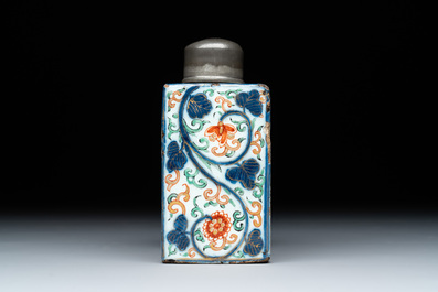 A polychrome Dutch Delft pewter-mounted tea caddy with floral design, 18th C.