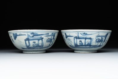 Six Chinese blue and white shipwreck bowls and three covered boxes from the Hatcher and Nanking cargo, Transitional period and Qianlong