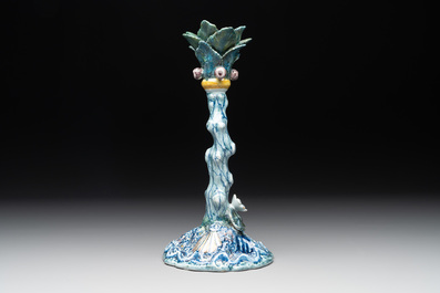 A polychrome Dutch Delft tree-from candlestick, 18th C.