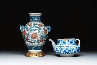 A blue and white Persian Qajar ewer and a bronze-mounted Iznik-style vase, Samson, Paris, 19th C.