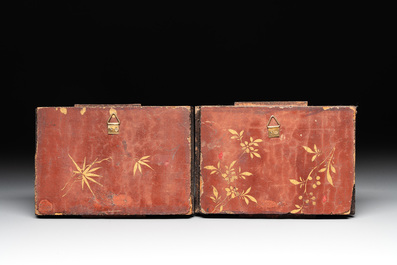 Six Chinese bone-inlaid lacquered wooden furniture panels with hunting scenes, 18/19th C.