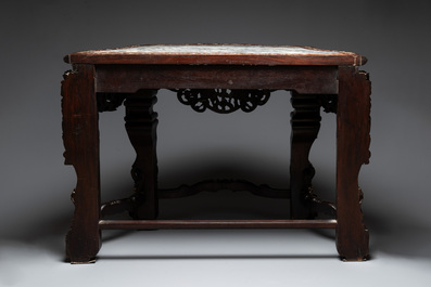 A finely carved Chinese hongmu console table with marble top and mother-of-pearl inlay, Canton, 19th C.