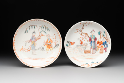 Two Chinese famille rose teapots, four cups and two saucers, Qianlong