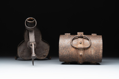 A wrought iron candle holder and a casket, possibly France and Nuremberg, 16/18th C.