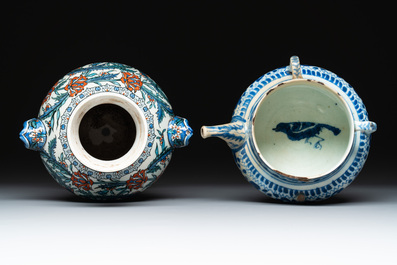 A blue and white Persian Qajar ewer and a bronze-mounted Iznik-style vase, Samson, Paris, 19th C.