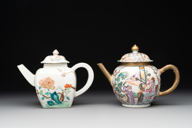 Two Chinese famille rose teapots, four cups and two saucers, Qianlong