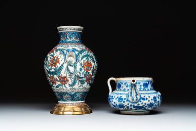 A blue and white Persian Qajar ewer and a bronze-mounted Iznik-style vase, Samson, Paris, 19th C.