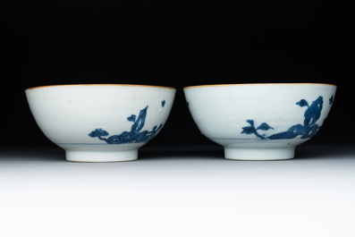 Six Chinese blue and white shipwreck bowls and three covered boxes from the Hatcher and Nanking cargo, Transitional period and Qianlong