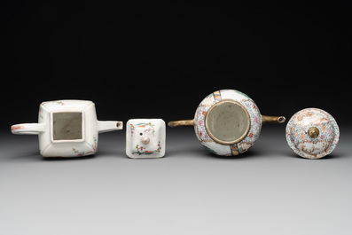 Two Chinese famille rose teapots, four cups and two saucers, Qianlong