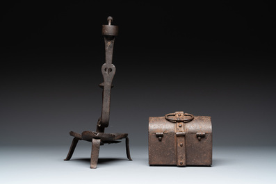 A wrought iron candle holder and a casket, possibly France and Nuremberg, 16/18th C.