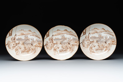 A 28-piece Chinese gilt-decorated sepia 'mandarin subject' service, Jiaqing
