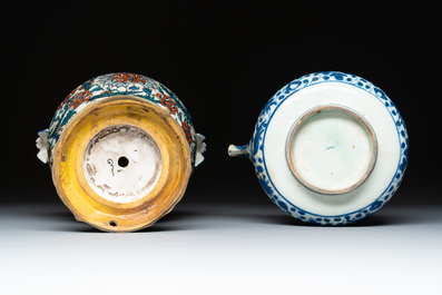 A blue and white Persian Qajar ewer and a bronze-mounted Iznik-style vase, Samson, Paris, 19th C.