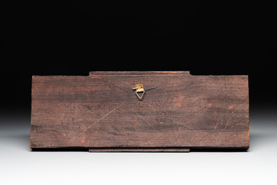 Six Chinese bone-inlaid lacquered wooden furniture panels with hunting scenes, 18/19th C.