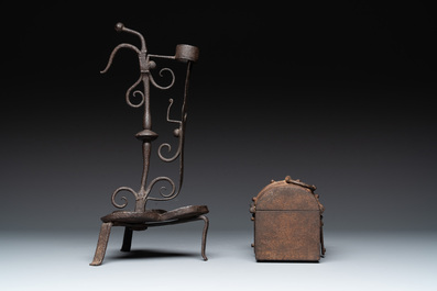A wrought iron candle holder and a casket, possibly France and Nuremberg, 16/18th C.