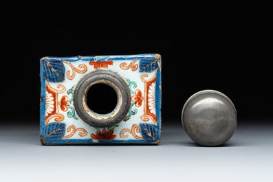 A polychrome Dutch Delft pewter-mounted tea caddy with floral design, 18th C.