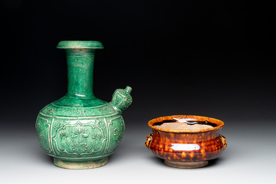 A Chinese monochrome green-glazed kendi and a brown-glazed censer, Qing