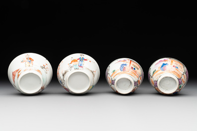Two Chinese famille rose teapots, four cups and two saucers, Qianlong