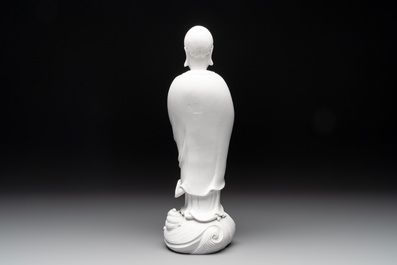 A Chinese Dehua blanc de Chine figure of Dharma, He Chaozong 何朝宗 and Dehua 德化 mark, Republic