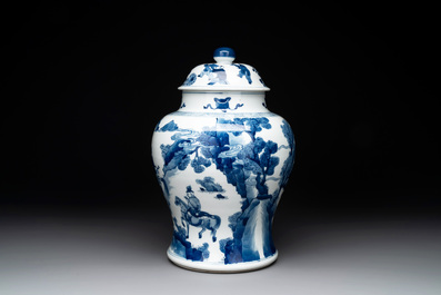 A Chinese blue and white 'Mongolian hunt' vase and cover, Kangxi