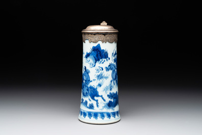 A Chinese blue and white silver-mounted tankard, Transitional period