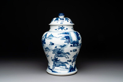 A Chinese blue and white 'Mongolian hunt' vase and cover, Kangxi